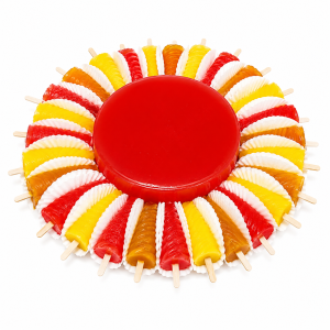 gelapaletas de mango, fresa, naranja, y sandía